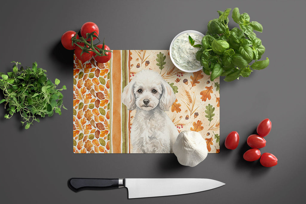 Miniature White Poodle Heirloom Fall Cutting Board Tempered Glass Kitchen Cutting Surface, Heat Resistant Chopping, Non-Slip Feet, Food Prep & Serving
