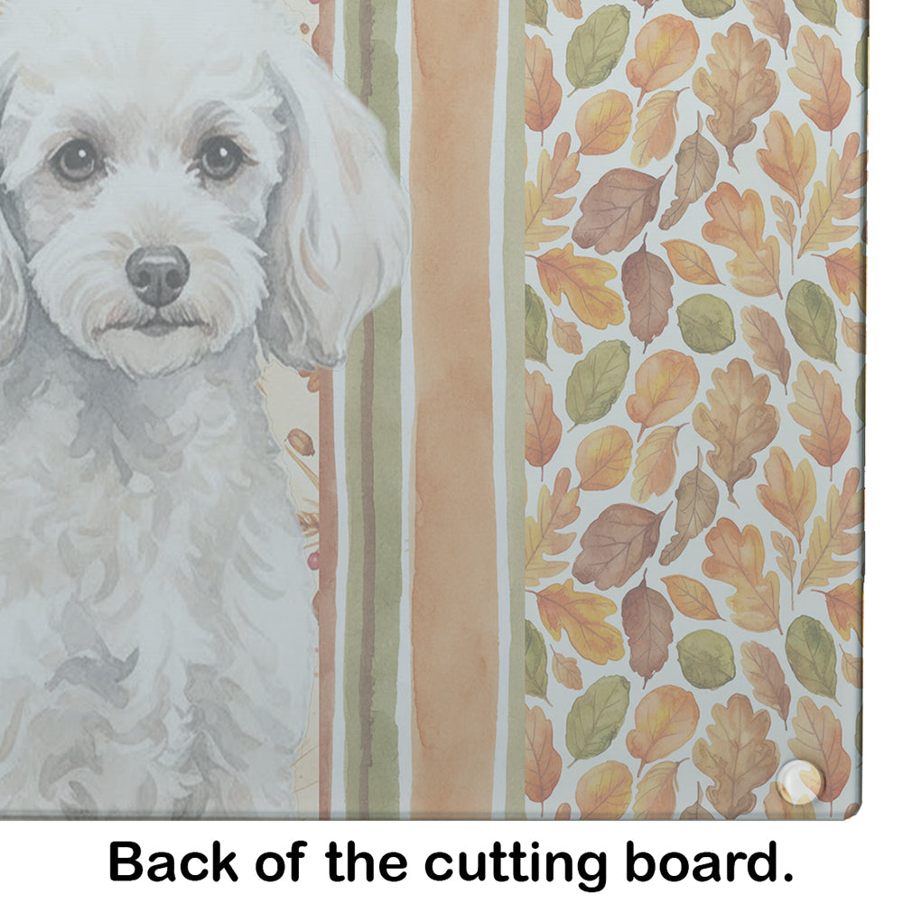 Miniature White Poodle Heirloom Fall Cutting Board Tempered Glass Kitchen Cutting Surface, Heat Resistant Chopping, Non-Slip Feet, Food Prep & Serving