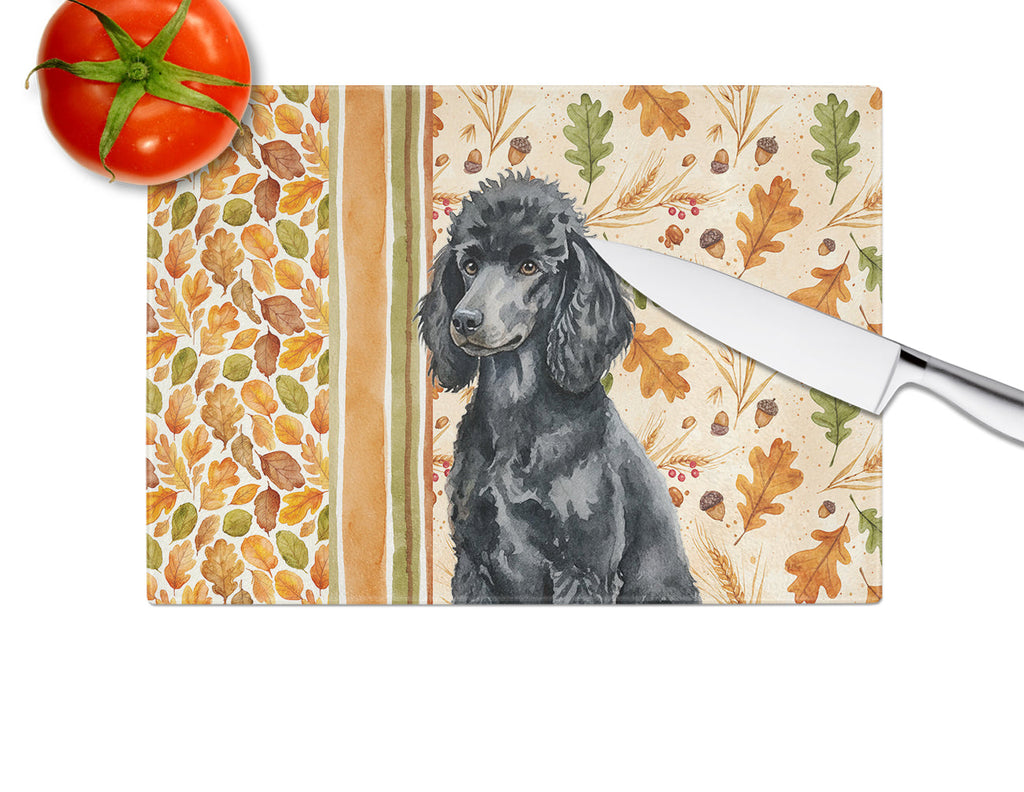 Standard Black Poodle Heirloom Fall Cutting Board Tempered Glass Kitchen Cutting Surface, Heat Resistant Chopping, Non-Slip Feet, Food Prep & Serving