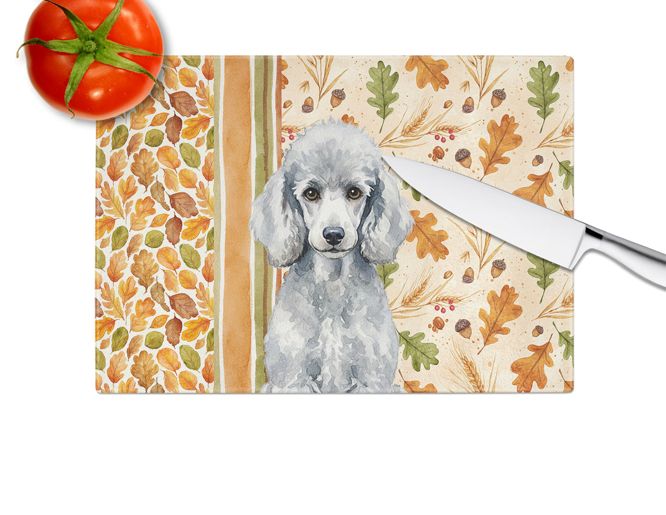 Standard Silver Poodle Heirloom Fall Cutting Board Tempered Glass Kitchen Cutting Surface, Heat Resistant Chopping, Non-Slip Feet, Food Prep & Serving