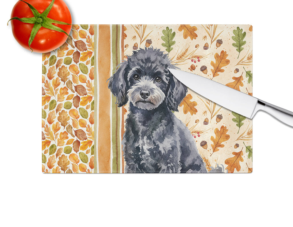Toy Black Poodle Heirloom Fall Cutting Board Tempered Glass Kitchen Cutting Surface, Heat Resistant Chopping, Non-Slip Feet, Food Prep & Serving