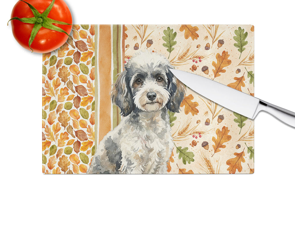 Toy Parti Poodle Heirloom Fall Cutting Board Tempered Glass Kitchen Cutting Surface, Heat Resistant Chopping, Non-Slip Feet, Food Prep & Serving