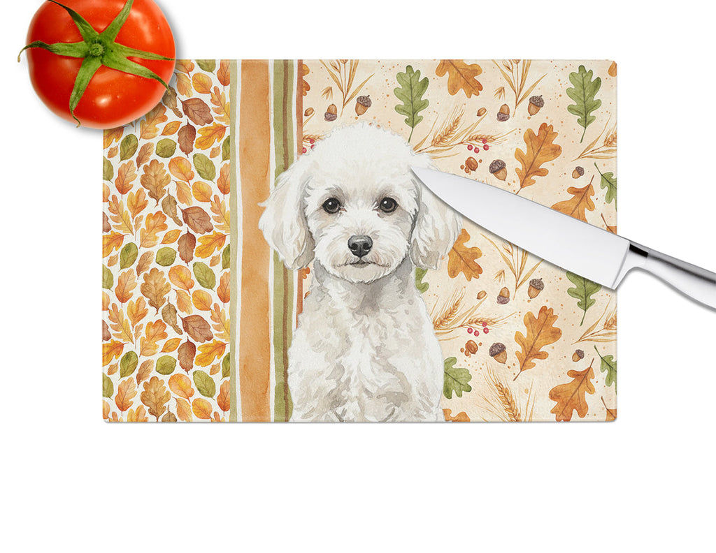 Toy White Poodle Heirloom Fall Cutting Board Tempered Glass Kitchen Cutting Surface, Heat Resistant Chopping, Non-Slip Feet, Food Prep & Serving