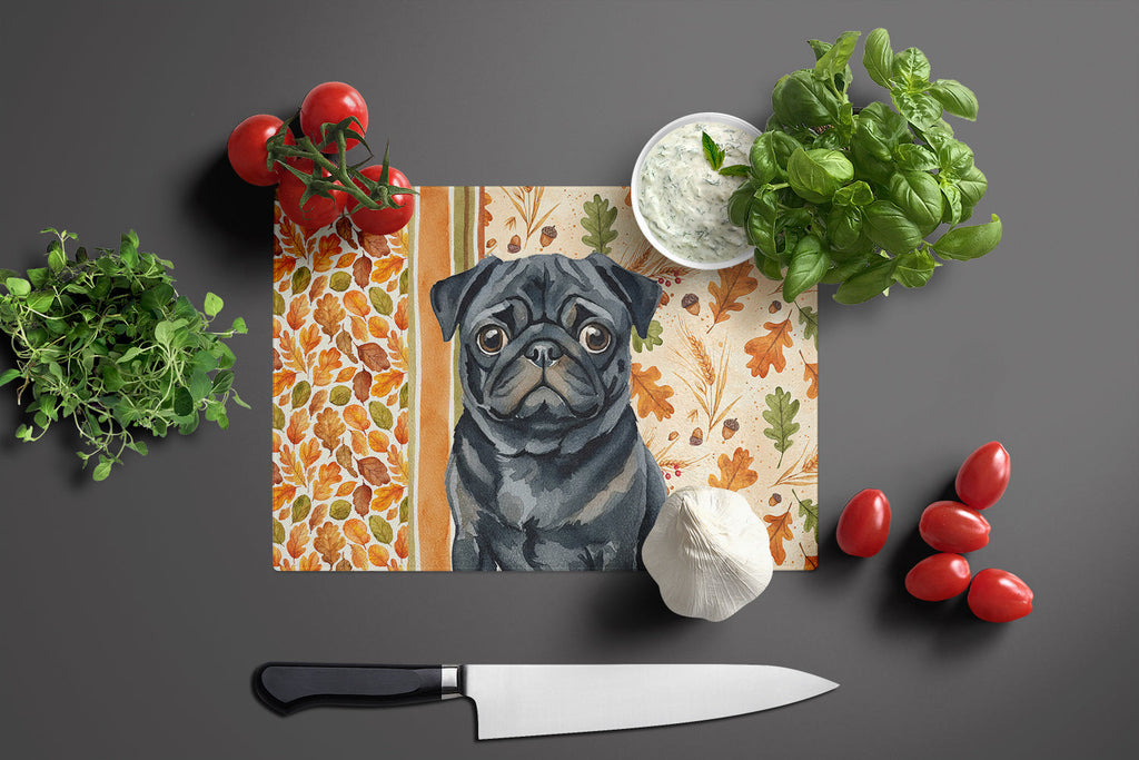Black Pug Heirloom Fall Cutting Board Tempered Glass Kitchen Cutting Surface, Heat Resistant Chopping, Non-Slip Feet, Food Prep & Serving