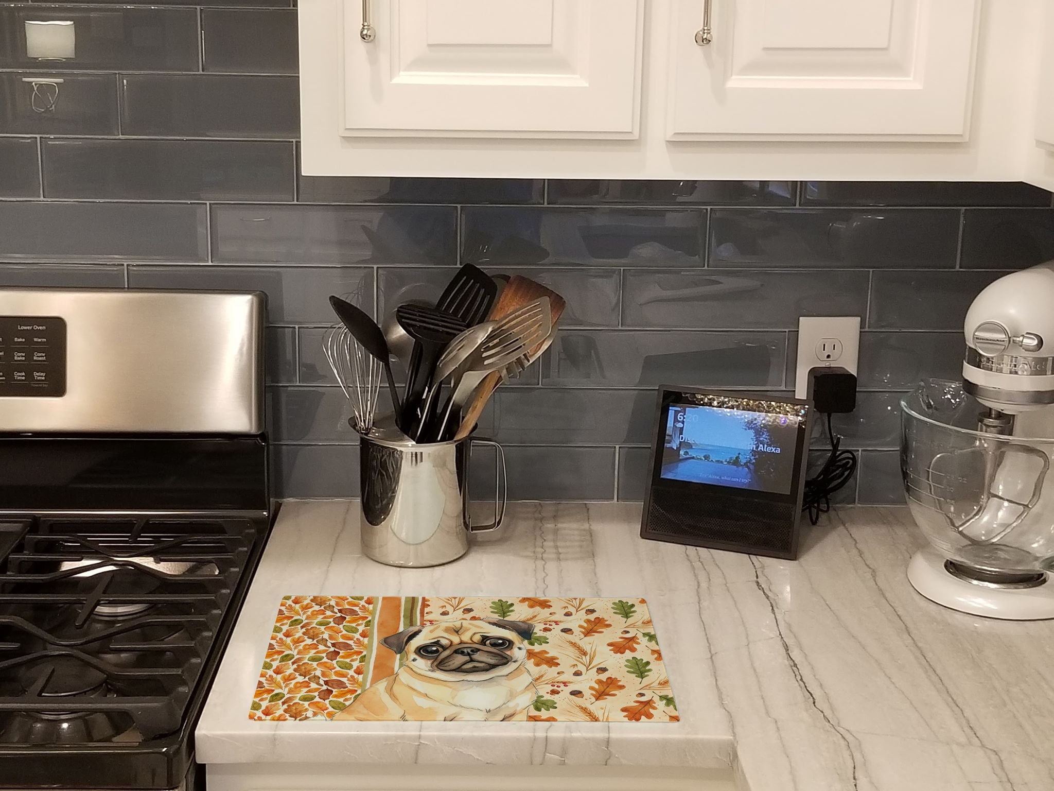 Fawn Pug Heirloom Fall Cutting Board Tempered Glass Kitchen Cutting Surface, Heat Resistant Chopping, Non-Slip Feet, Food Prep & Serving
