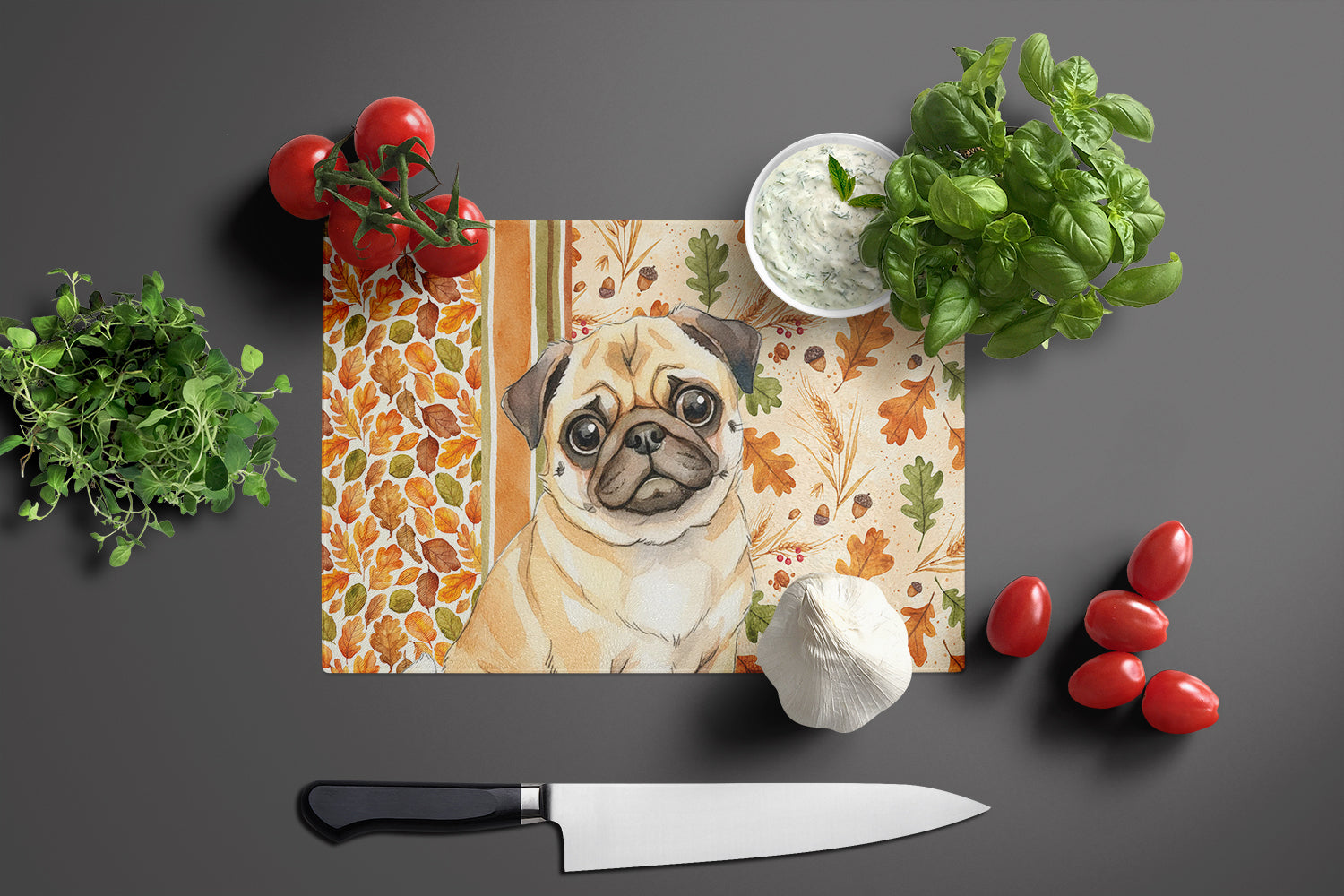 Fawn Pug Heirloom Fall Cutting Board Tempered Glass Kitchen Cutting Surface, Heat Resistant Chopping, Non-Slip Feet, Food Prep & Serving