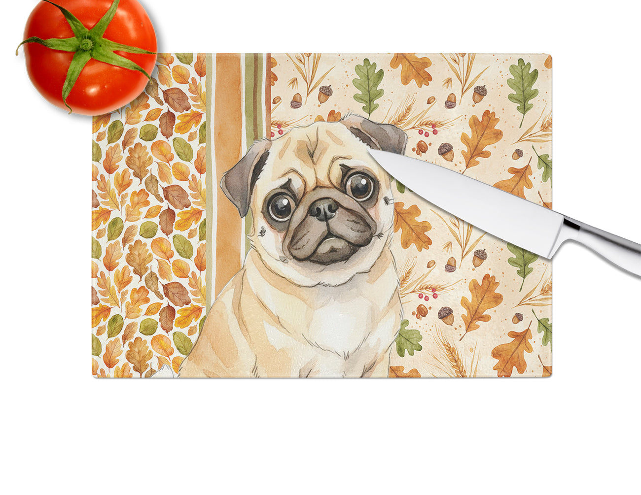 Fawn Pug Heirloom Fall Cutting Board Tempered Glass Kitchen Cutting Surface, Heat Resistant Chopping, Non-Slip Feet, Food Prep & Serving