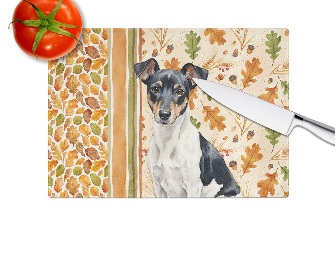Black and White Rat Terrier Heirloom Fall Cutting Board Tempered Glass Kitchen Cutting Surface, Heat Resistant Chopping, Non-Slip Feet, Food Prep & Serving