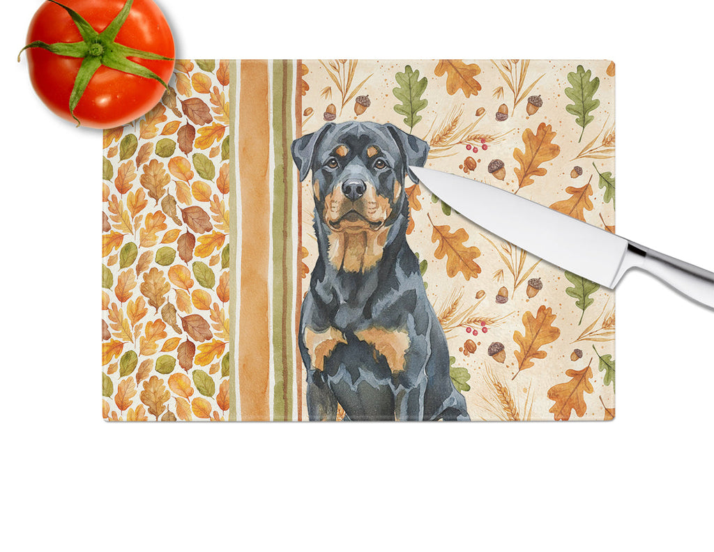Rottweiler Heirloom Fall Cutting Board Tempered Glass Kitchen Cutting Surface, Heat Resistant Chopping, Non-Slip Feet, Food Prep & Serving