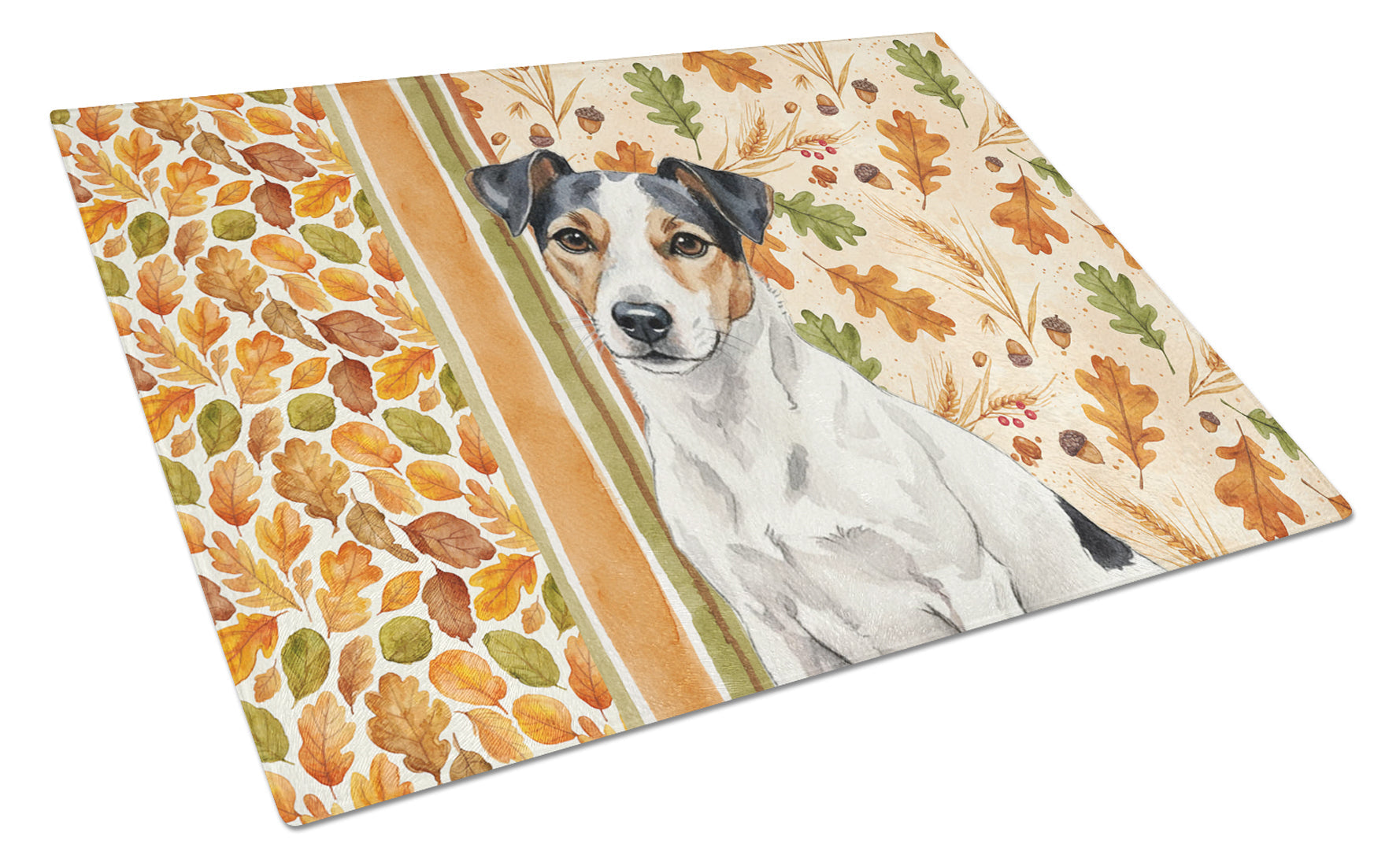 White with Black Markings Russell Terrier Heirloom Fall Cutting Board Tempered Glass Kitchen Cutting Surface, Heat Resistant Chopping, Non-Slip Feet, Food Prep & Serving