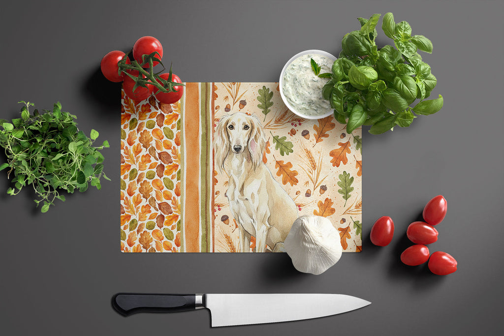 Cream Saluki Heirloom Fall Cutting Board Tempered Glass Kitchen Cutting Surface, Heat Resistant Chopping, Non-Slip Feet, Food Prep & Serving
