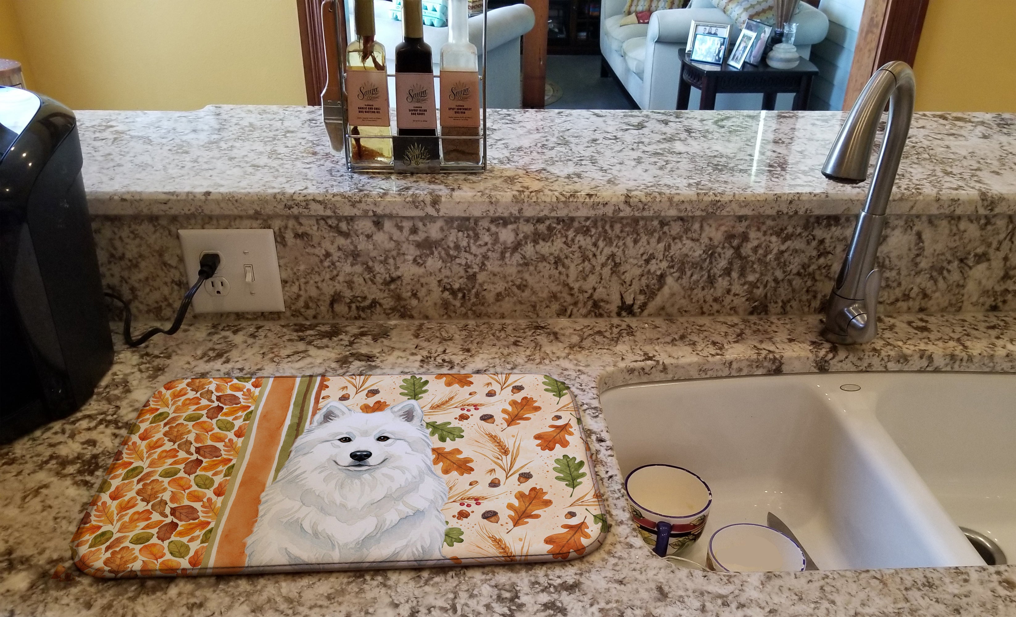 White Samoyed Heirloom Fall Dish Drying Mat Absorbent Dish Drying Mat Pad for Kitchen Counter Dish Drainer Mat for Countertop, 14 x 21", Multicolor