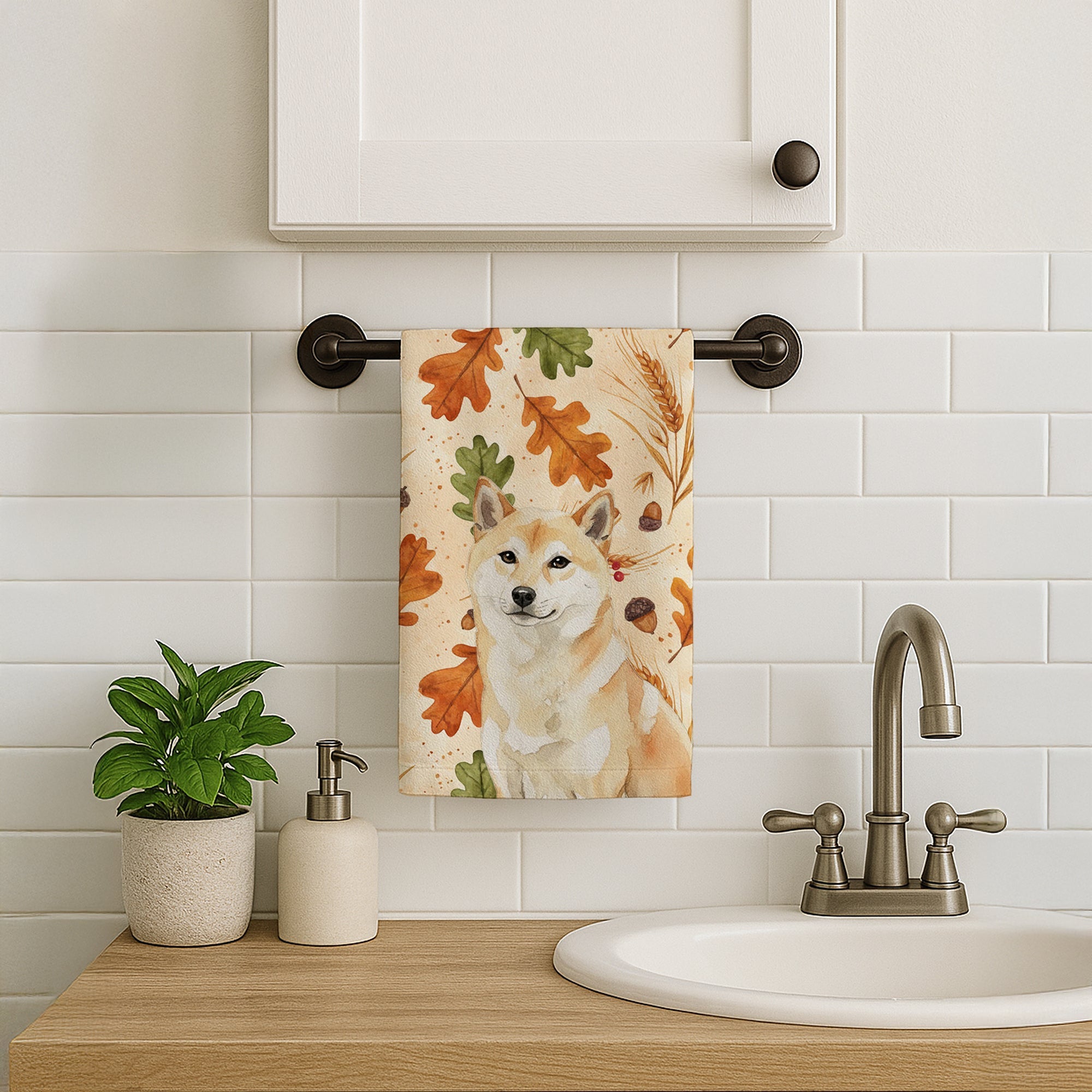 Cream Shiba Inu Heirloom Fall Kitchen Towel Velour Plush Front and Cotton Loop Back Machine Washable