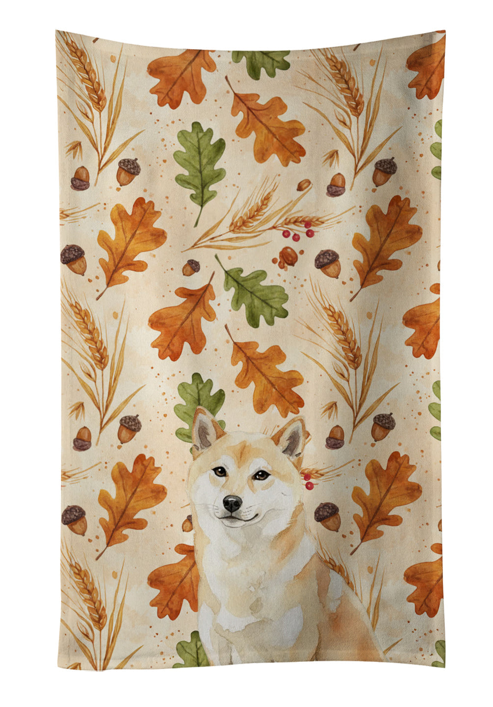Cream Shiba Inu Heirloom Fall Kitchen Towel Velour Plush Front and Cotton Loop Back Machine Washable