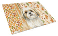 Gold and White Shih Tzu Heirloom Fall Cutting Board Tempered Glass Kitchen Cutting Surface, Heat Resistant Chopping, Non-Slip Feet, Food Prep & Serving