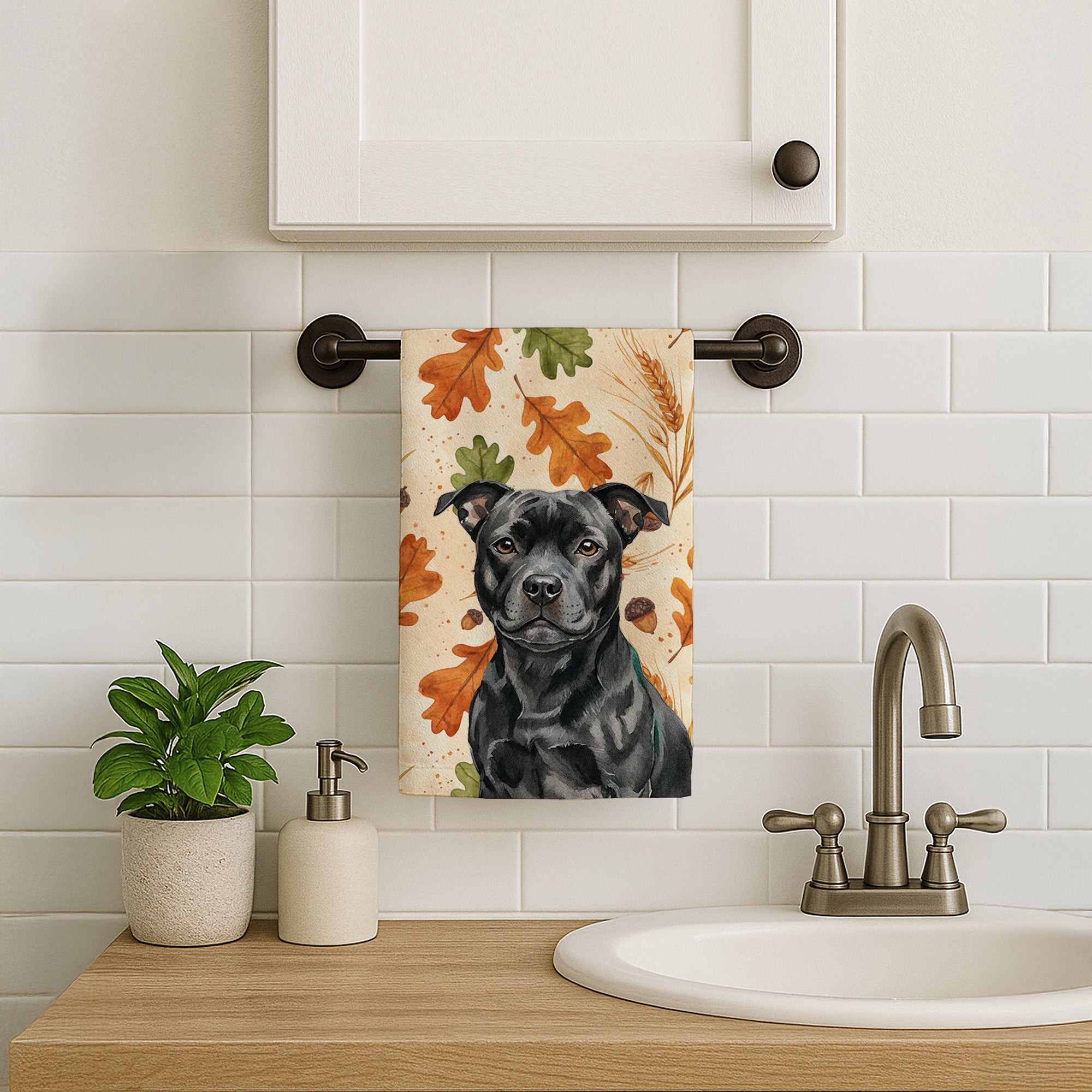 Black Staffordshire Bull Terrier Heirloom Fall Kitchen Towel Velour Plush Front and Cotton Loop Back Machine Washable