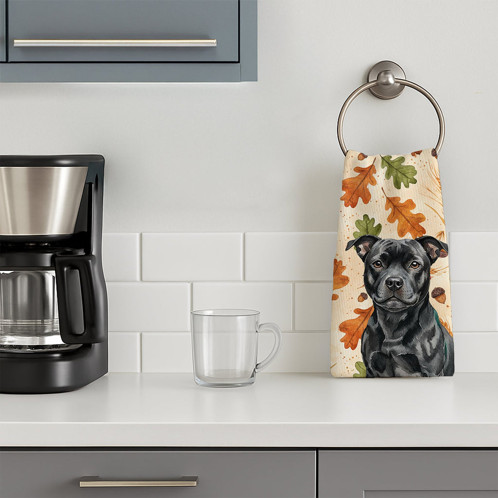 Black Staffordshire Bull Terrier Heirloom Fall Kitchen Towel Velour Plush Front and Cotton Loop Back Machine Washable