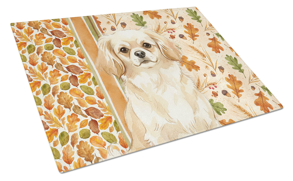 Cream Tibetan Spaniel Heirloom Fall Cutting Board Tempered Glass Kitchen Cutting Surface, Heat Resistant Chopping, Non-Slip Feet, Food Prep & Serving