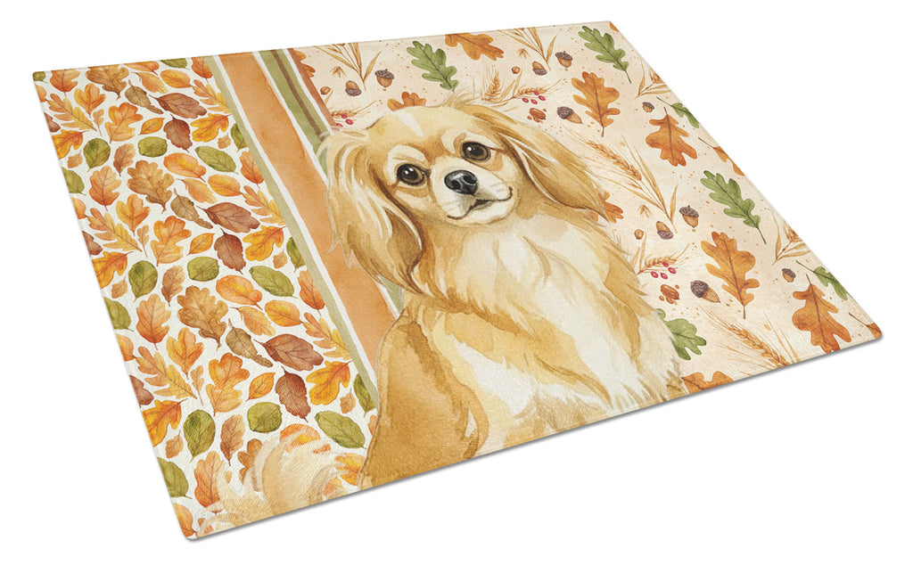 Gold Tibetan Spaniel Heirloom Fall Cutting Board Tempered Glass Kitchen Cutting Surface, Heat Resistant Chopping, Non-Slip Feet, Food Prep & Serving