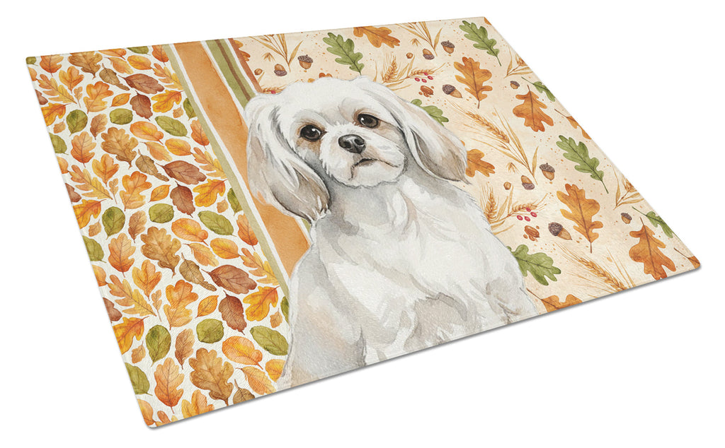 White Tibetan Spaniel Heirloom Fall Cutting Board Tempered Glass Kitchen Cutting Surface, Heat Resistant Chopping, Non-Slip Feet, Food Prep & Serving