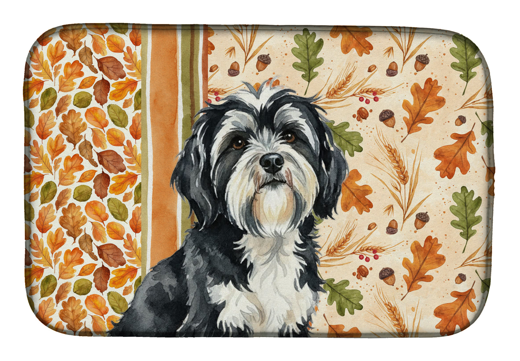 Black and White Tibetan Terrier Heirloom Fall Dish Drying Mat Absorbent Dish Drying Mat Pad for Kitchen Counter Dish Drainer Mat for Countertop, 14 x 21", Multicolor