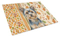 Blue and Tan Yorkshire Terrier Heirloom Fall Cutting Board Tempered Glass Kitchen Cutting Surface, Heat Resistant Chopping, Non-Slip Feet, Food Prep & Serving