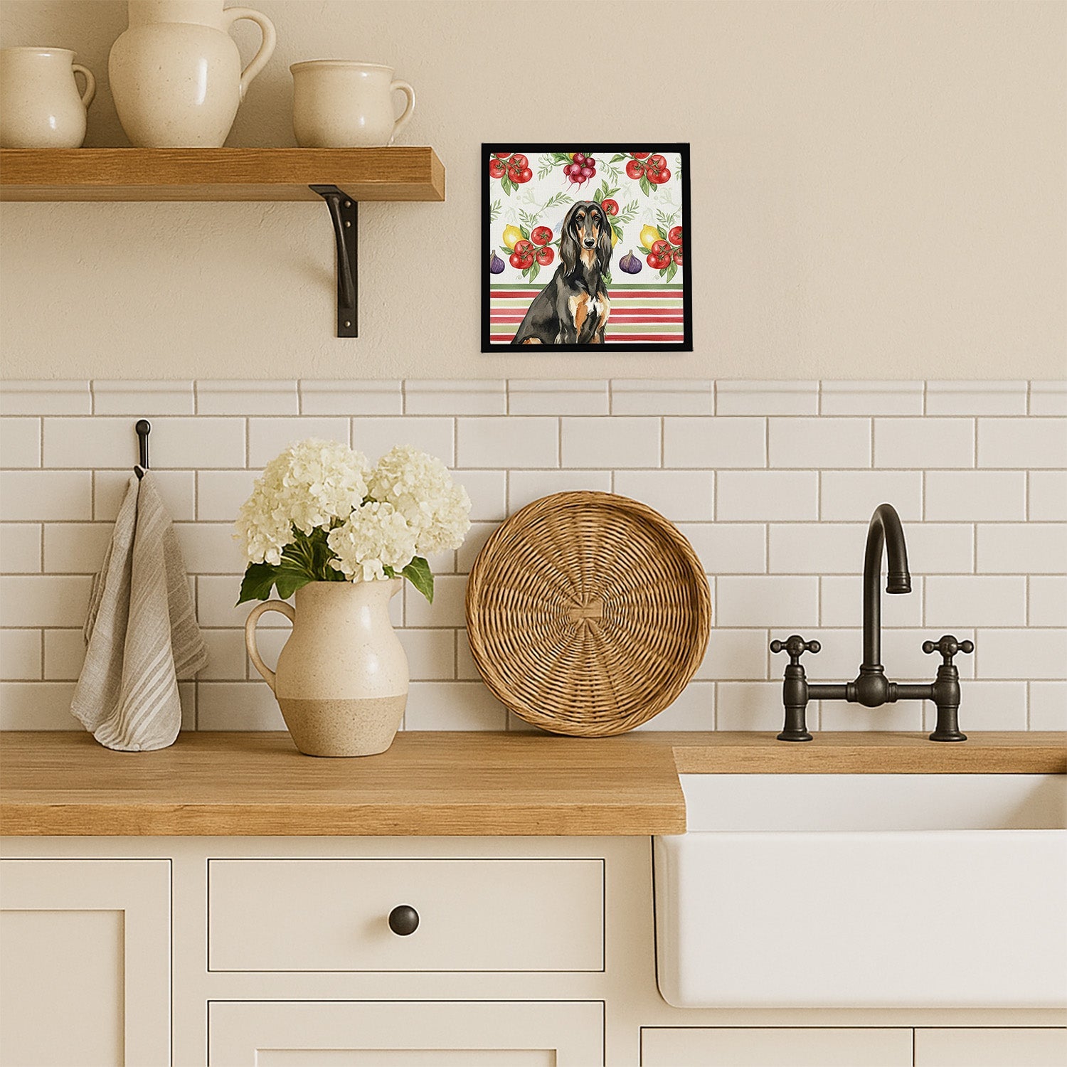 Black & Tan Afghan Hound Vegetables Framed Metal Print Bathroom, Kitchen, Office, Home Decor Wall Art Ready to Hang, Square, 8X8