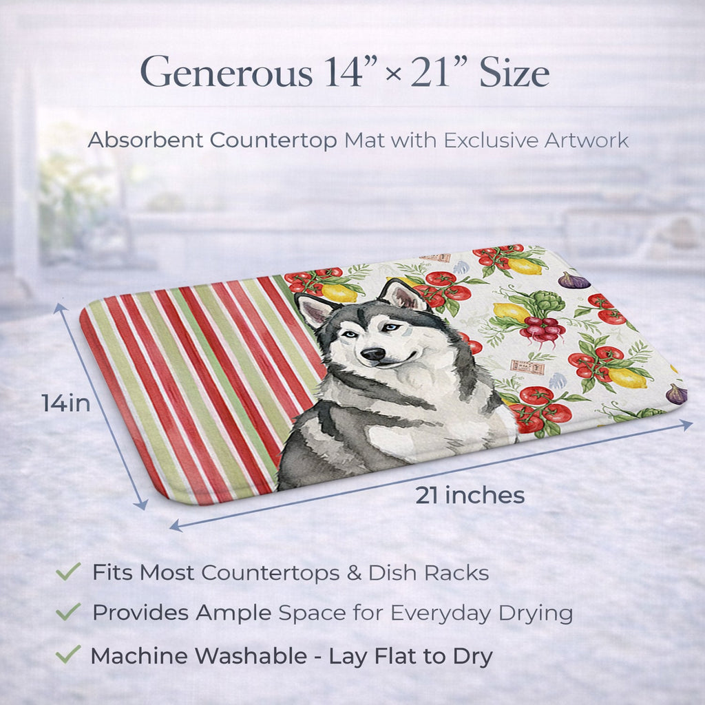 Gray and White Alaskan Malamute Vegetables Dish Drying Mat Absorbent Dish Drying Mat Pad for Kitchen Counter Dish Drainer Mat for Countertop, 14 x 21", Multicolor