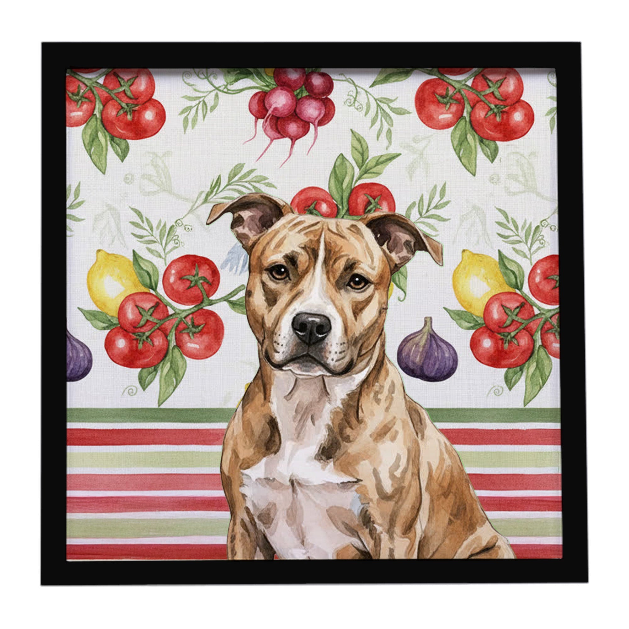 Brindle American Staffordshire Terrier Vegetables Framed Metal Print Bathroom, Kitchen, Office, Home Decor Wall Art Ready to Hang, Square, 8X8