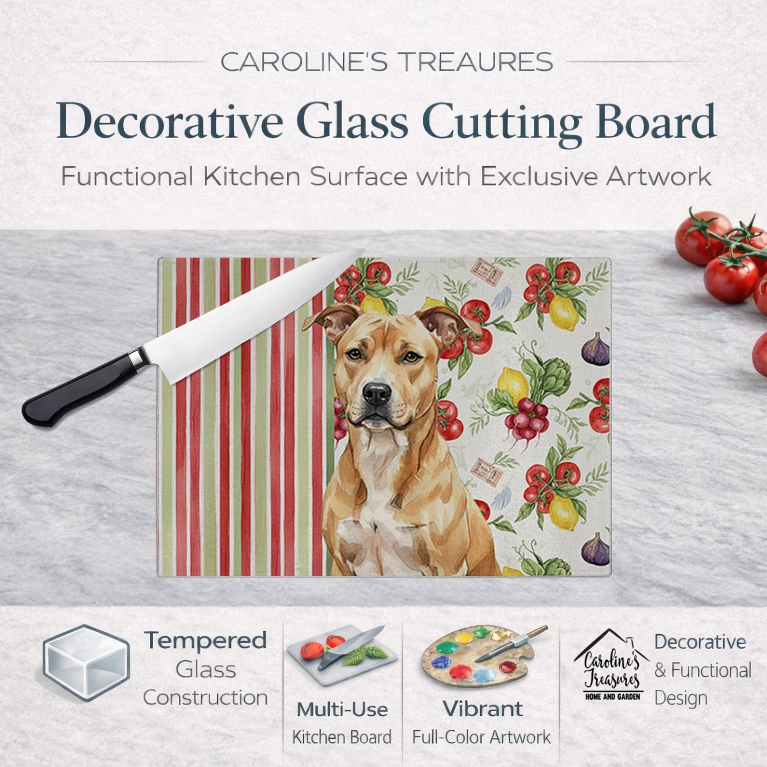 Fawn American Staffordshire Terrier Vegetables Cutting Board Tempered Glass Kitchen Cutting Surface, Heat Resistant Chopping, Non-Slip Feet, Food Prep & Serving