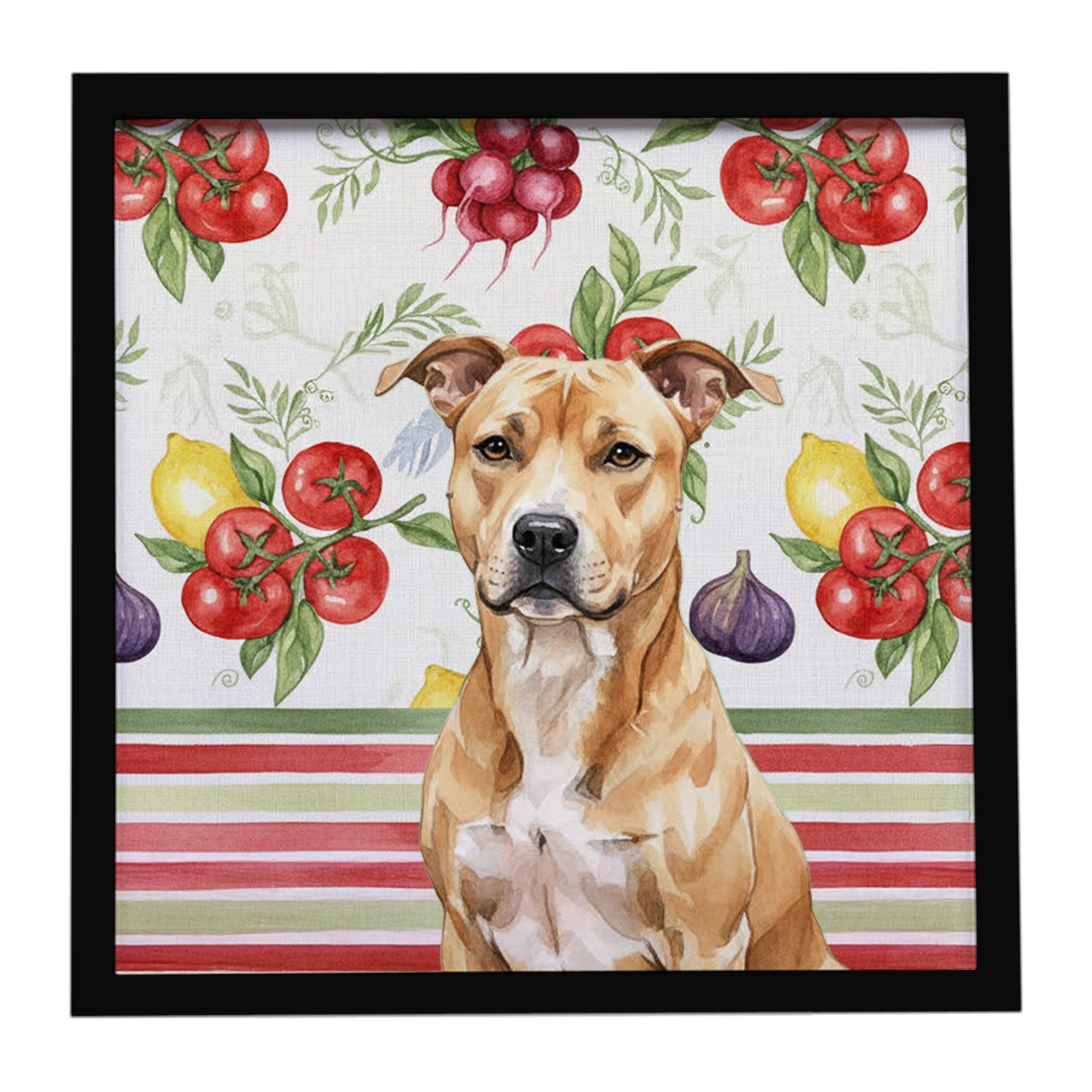 Fawn American Staffordshire Terrier Vegetables Framed Metal Print Bathroom, Kitchen, Office, Home Decor Wall Art Ready to Hang, Square, 8X8
