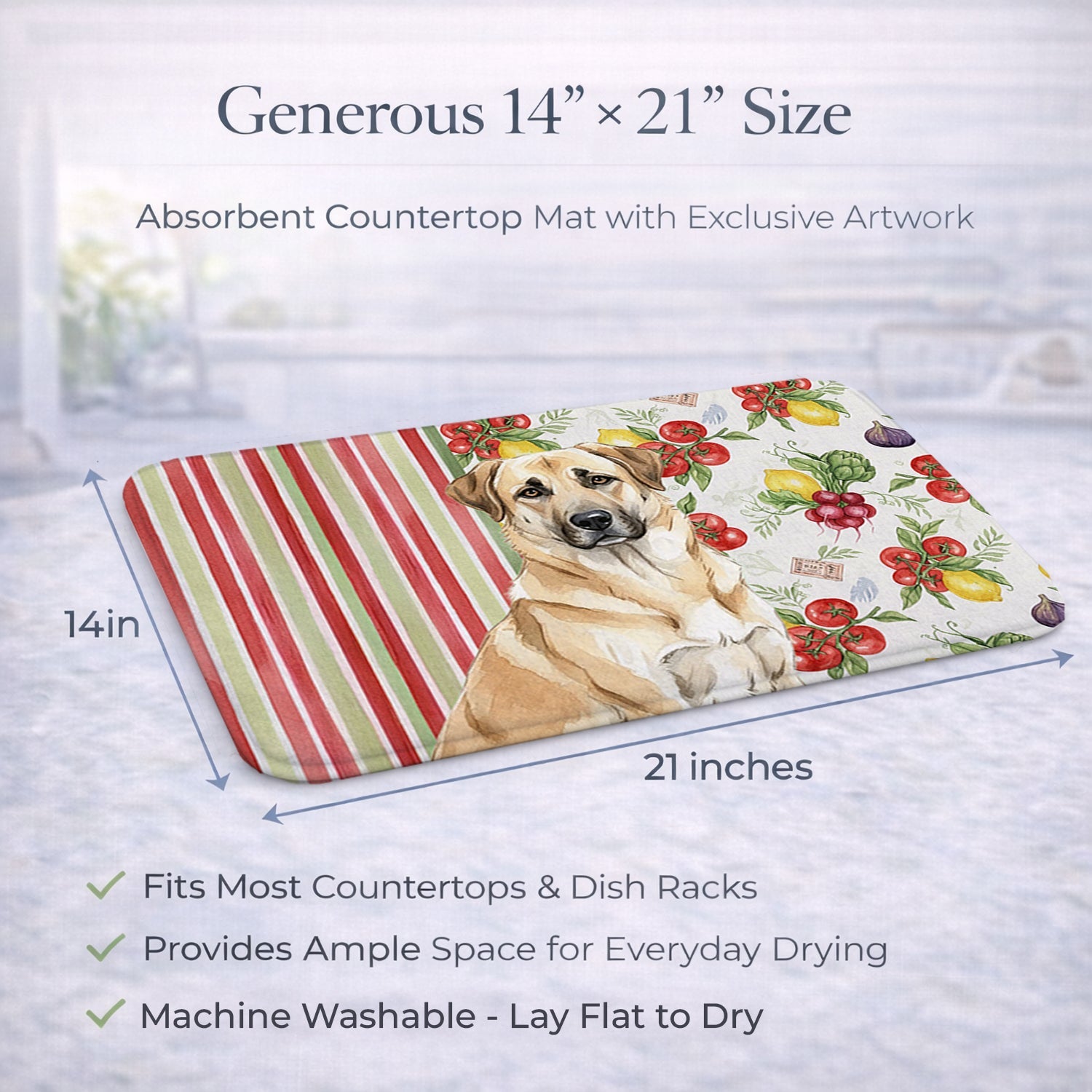 Anatolian Shepherd Dog Vegetables Dish Drying Mat Absorbent Dish Drying Mat Pad for Kitchen Counter Dish Drainer Mat for Countertop, 14 x 21", Multicolor