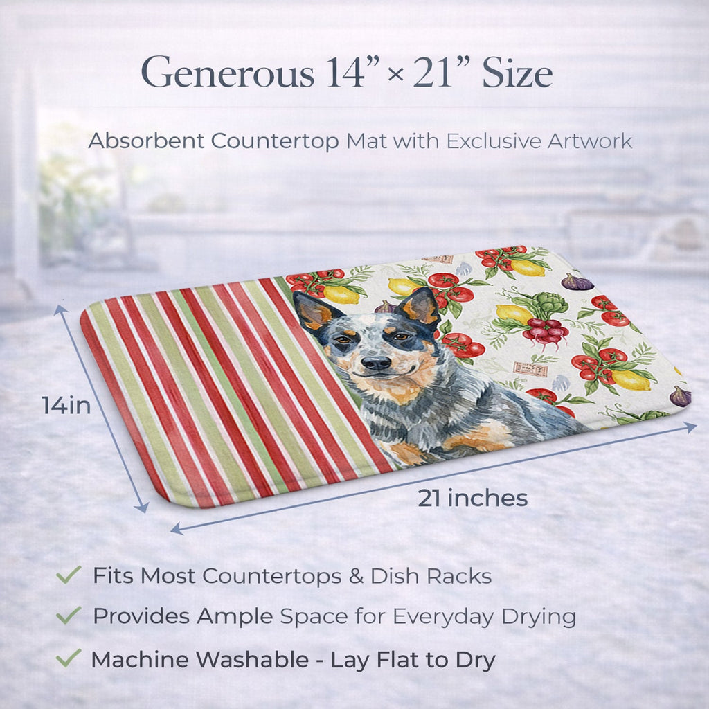 Blue Heeler Australian Cattle Dog Vegetables Dish Drying Mat Absorbent Dish Drying Mat Pad for Kitchen Counter Dish Drainer Mat for Countertop, 14 x 21", Multicolor