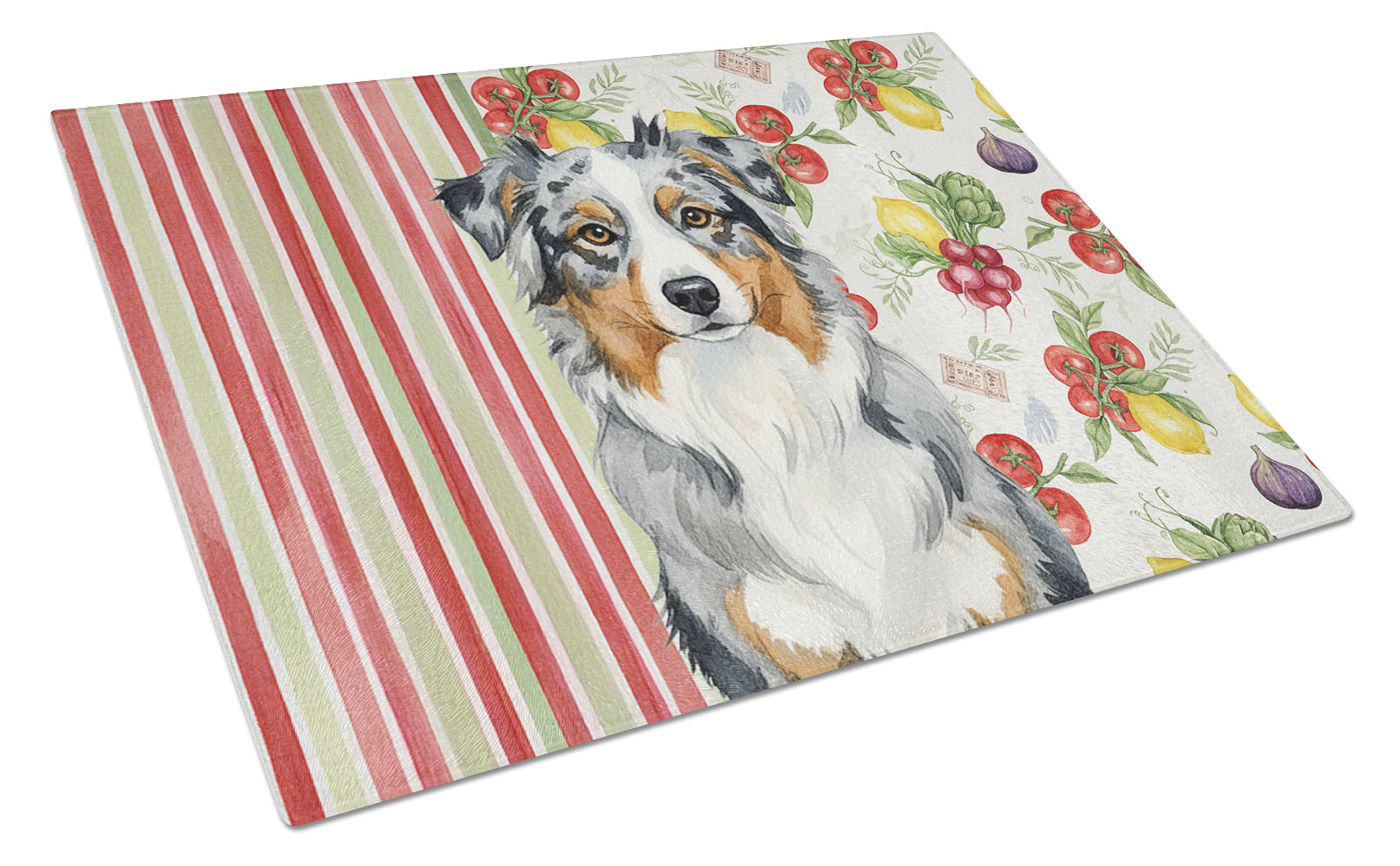 Blue Merle Australian Shepherd Vegetables Cutting Board Tempered Glass Kitchen Cutting Surface, Heat Resistant Chopping, Non-Slip Feet, Food Prep & Serving