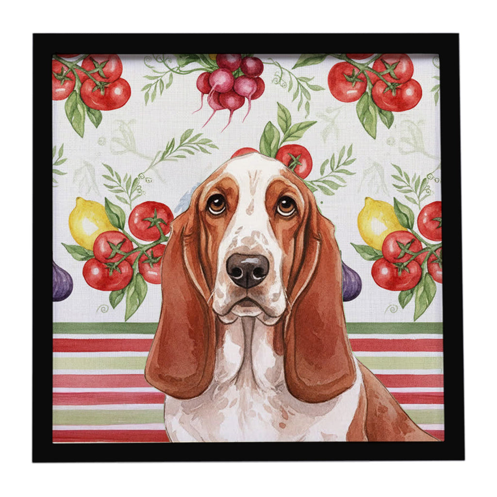 Red and White Basset Hound Vegetables Framed Metal Print Bathroom, Kitchen, Office, Home Decor Wall Art Ready to Hang, Square, 8X8