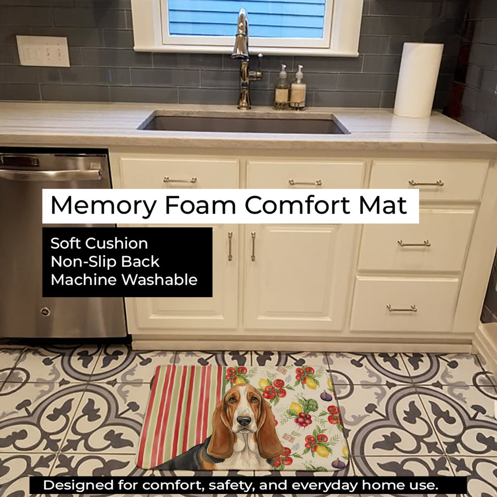 Tricolor and White Basset Hound Vegetables Memory Foam Kitchen Mat Machine Washable Anti-Fatigue Cushion Comfort Bath or Kitchen Rug
