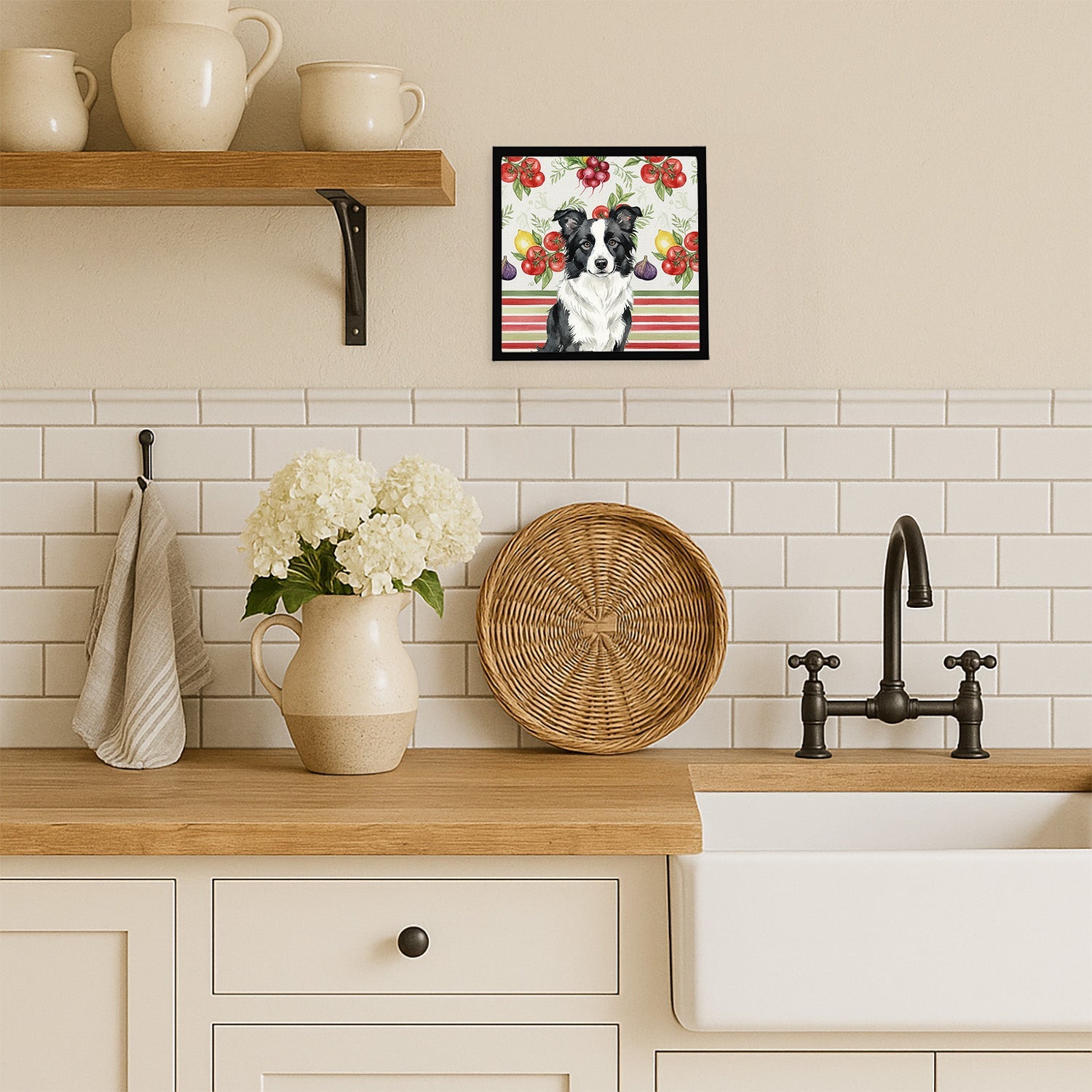 Border Collie Vegetables Framed Metal Print Bathroom, Kitchen, Office, Home Decor Wall Art Ready to Hang, Square, 8X8