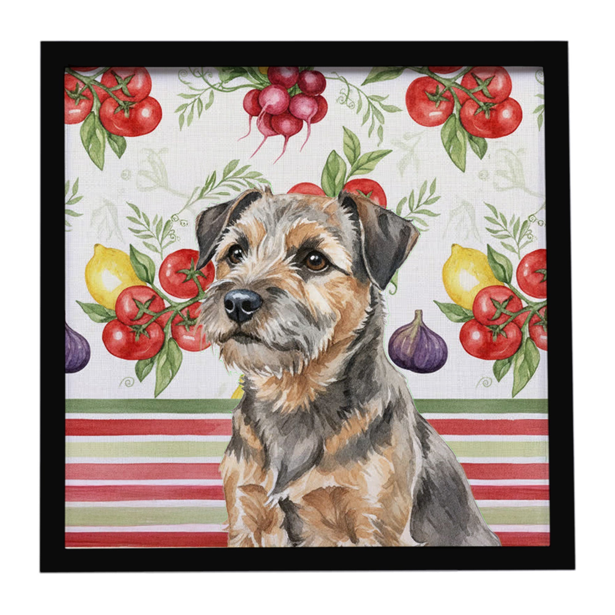 Grizzle and Tan Border Terrier Vegetables Framed Metal Print Bathroom, Kitchen, Office, Home Decor Wall Art Ready to Hang, Square, 8X8