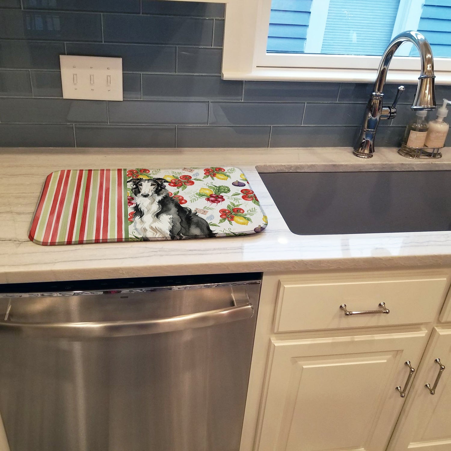 Black and White Borzoi Vegetables Dish Drying Mat Absorbent Dish Drying Mat Pad for Kitchen Counter Dish Drainer Mat for Countertop, 14 x 21", Multicolor