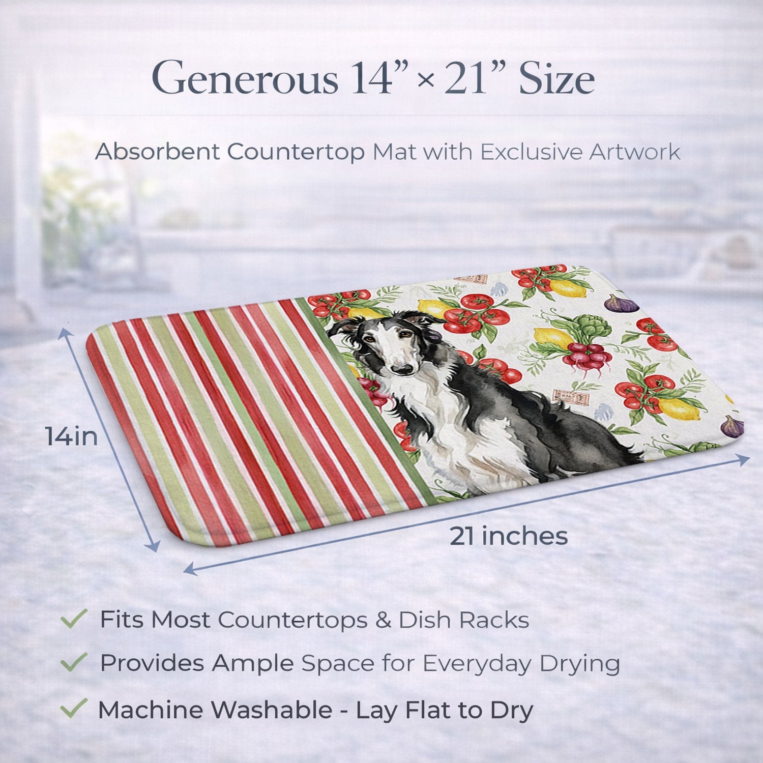 Black and White Borzoi Vegetables Dish Drying Mat Absorbent Dish Drying Mat Pad for Kitchen Counter Dish Drainer Mat for Countertop, 14 x 21", Multicolor