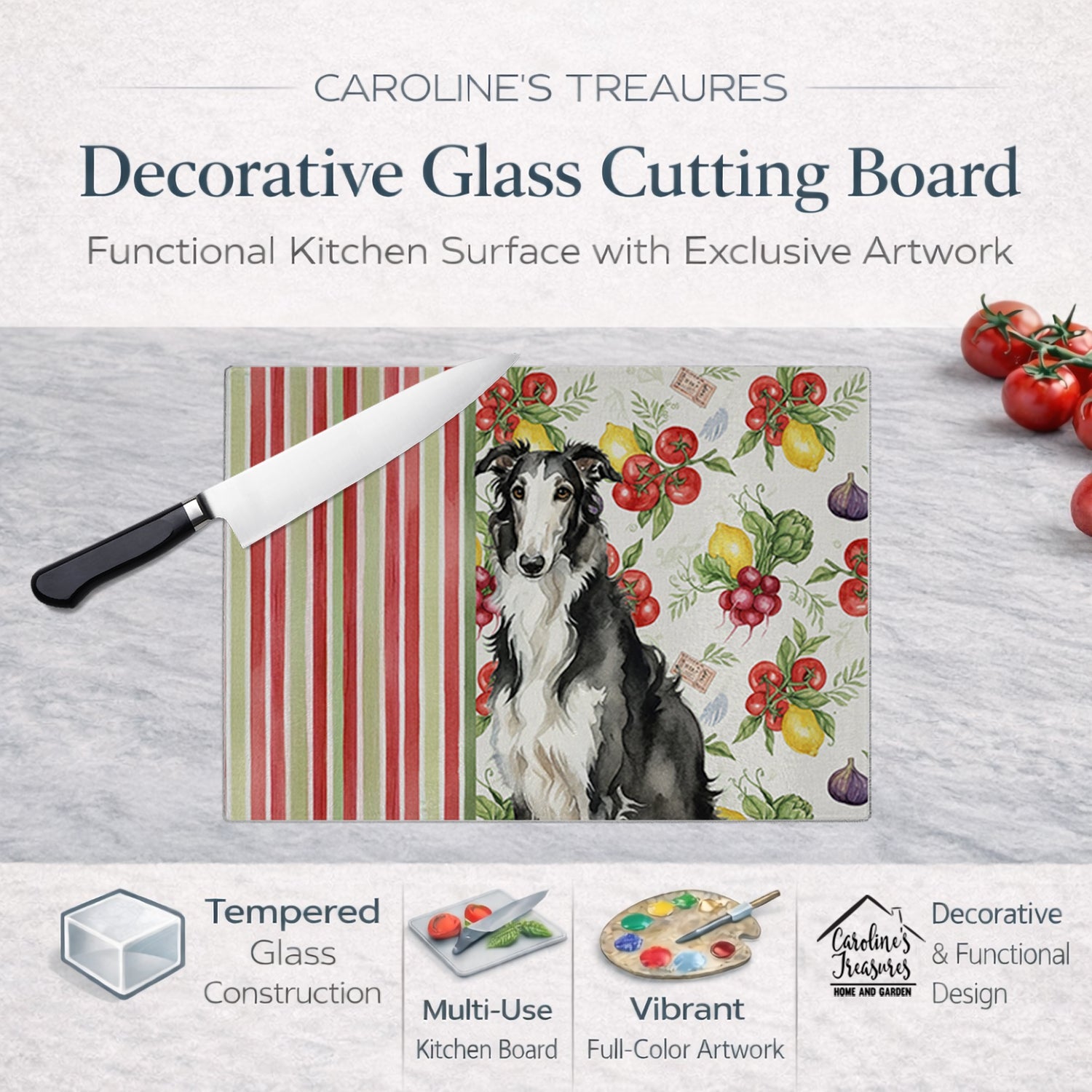 Black and White Borzoi Vegetables Cutting Board Tempered Glass Kitchen Cutting Surface, Heat Resistant Chopping, Non-Slip Feet, Food Prep & Serving
