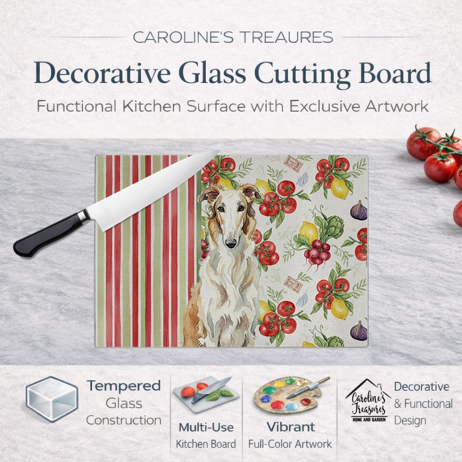 Borzoi Vegetables Cutting Board Tempered Glass Kitchen Cutting Surface, Heat Resistant Chopping, Non-Slip Feet, Food Prep & Serving