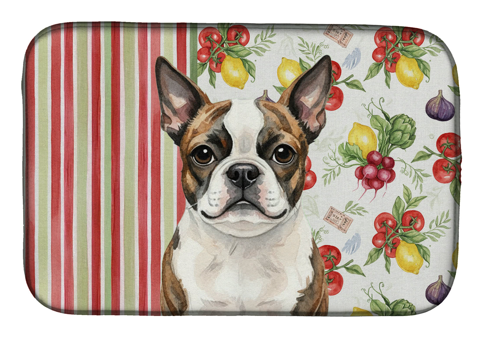 Brindle Boston Terrier Vegetables Dish Drying Mat Absorbent Dish Drying Mat Pad for Kitchen Counter Dish Drainer Mat for Countertop, 14 x 21", Multicolor