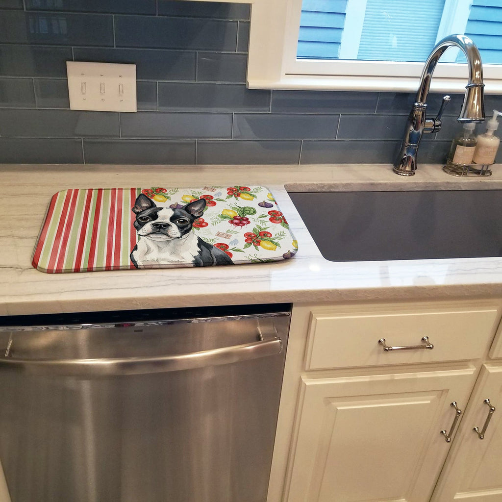 Boston Terrier Vegetables Dish Drying Mat Absorbent Dish Drying Mat Pad for Kitchen Counter Dish Drainer Mat for Countertop, 14 x 21", Multicolor