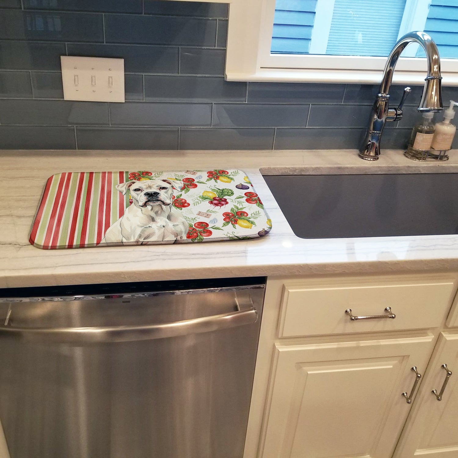 White Boxer Vegetables Dish Drying Mat Absorbent Dish Drying Mat Pad for Kitchen Counter Dish Drainer Mat for Countertop, 14 x 21", Multicolor