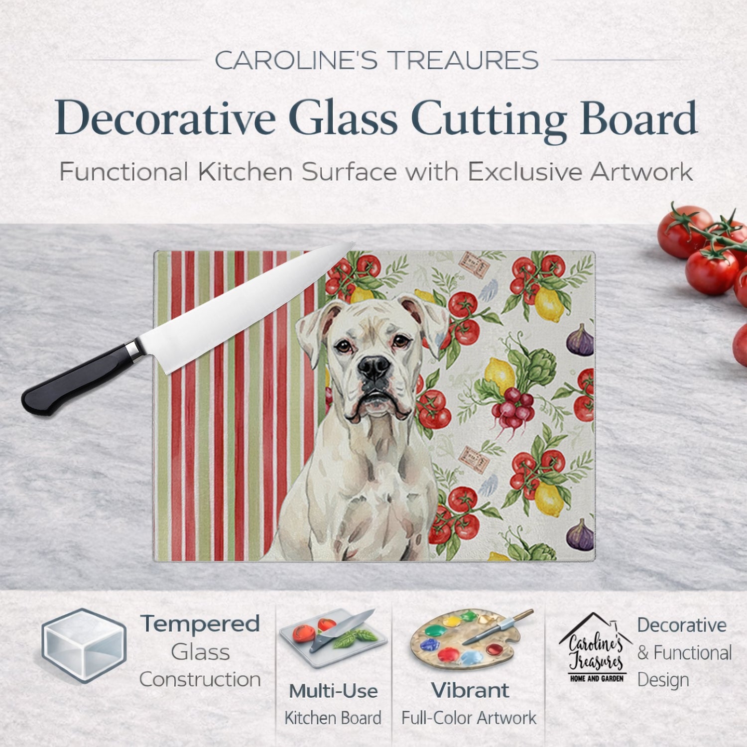 White Boxer Vegetables Cutting Board Tempered Glass Kitchen Cutting Surface, Heat Resistant Chopping, Non-Slip Feet, Food Prep & Serving