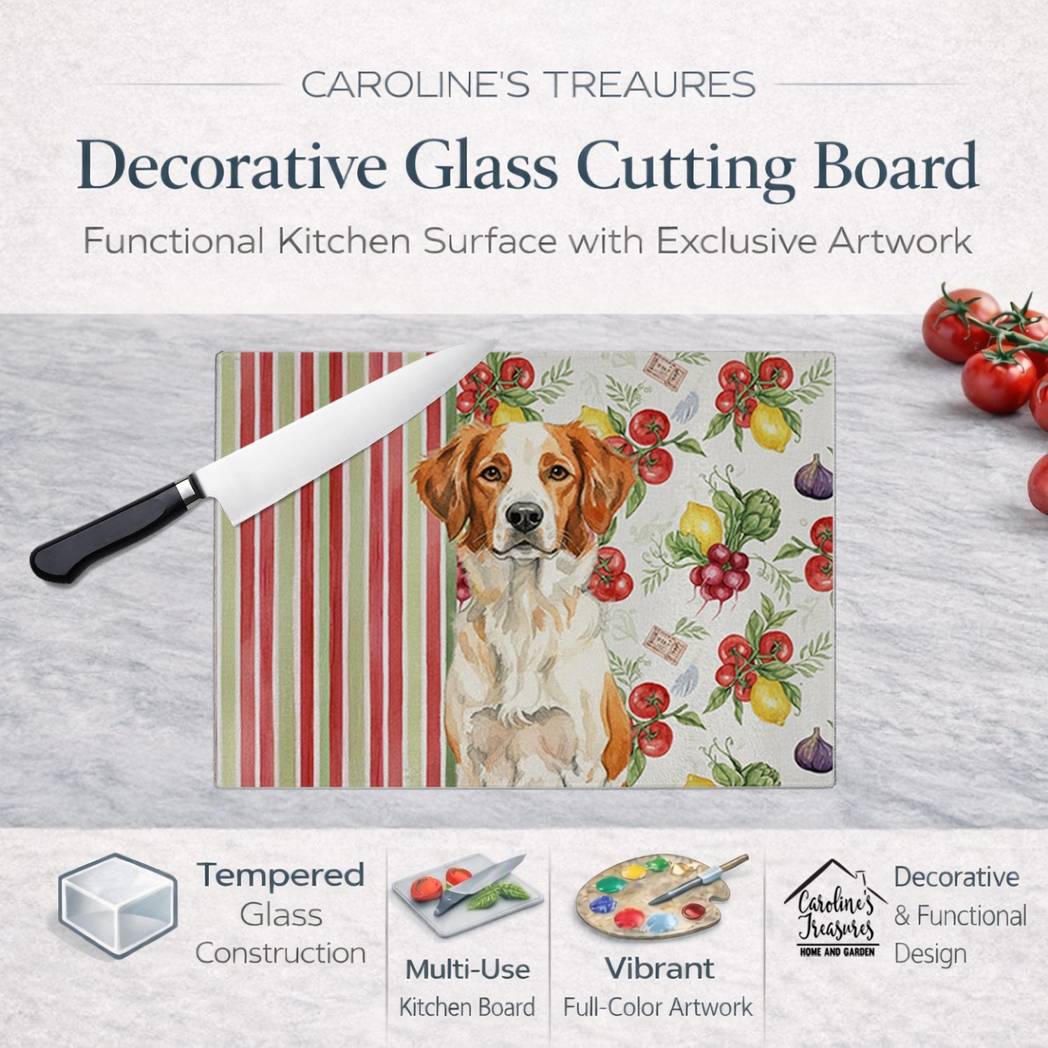 Orange and White Brittany Vegetables Cutting Board Tempered Glass Kitchen Cutting Surface, Heat Resistant Chopping, Non-Slip Feet, Food Prep & Serving