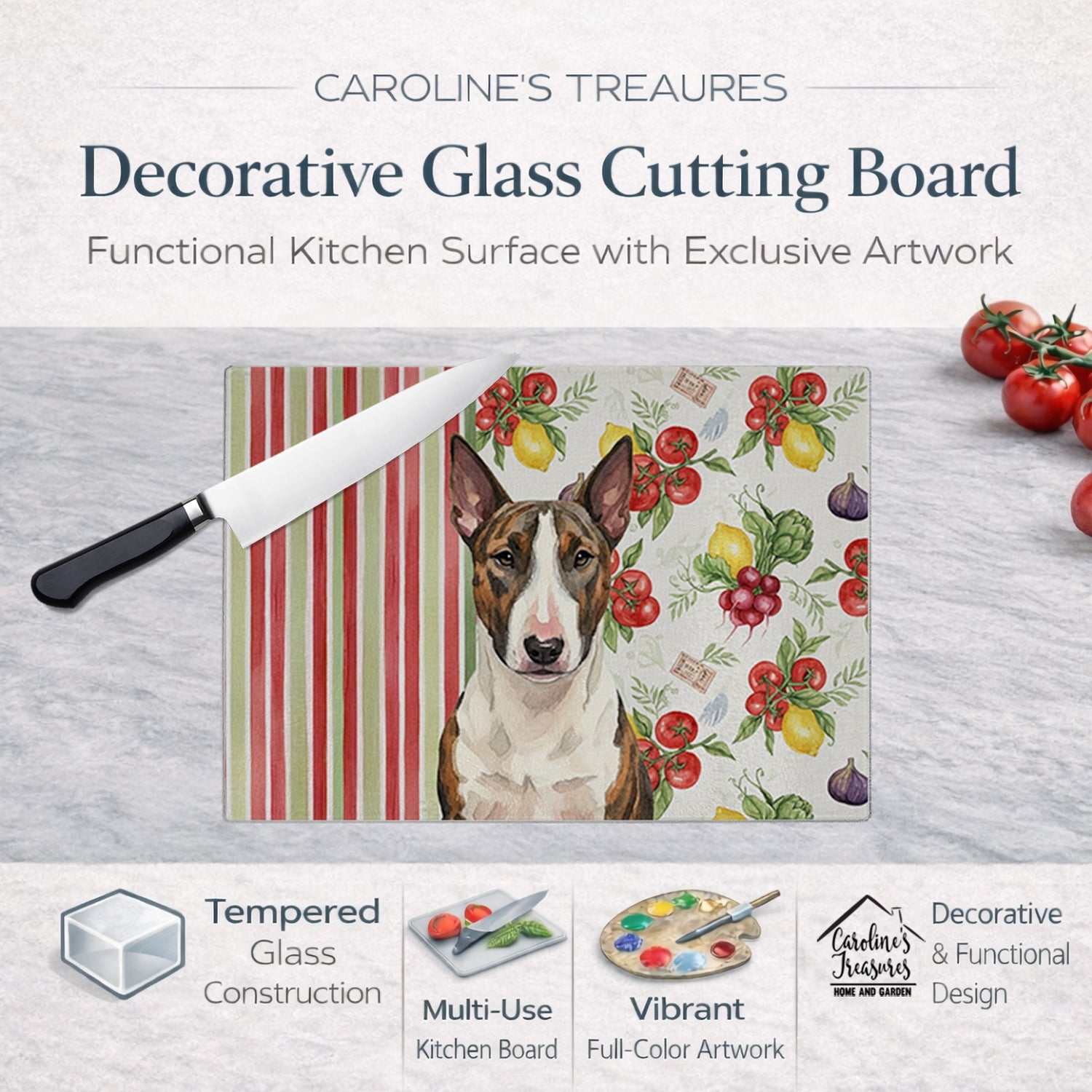 Brindle and White Bull Terrier Vegetables Cutting Board Tempered Glass Kitchen Cutting Surface, Heat Resistant Chopping, Non-Slip Feet, Food Prep & Serving