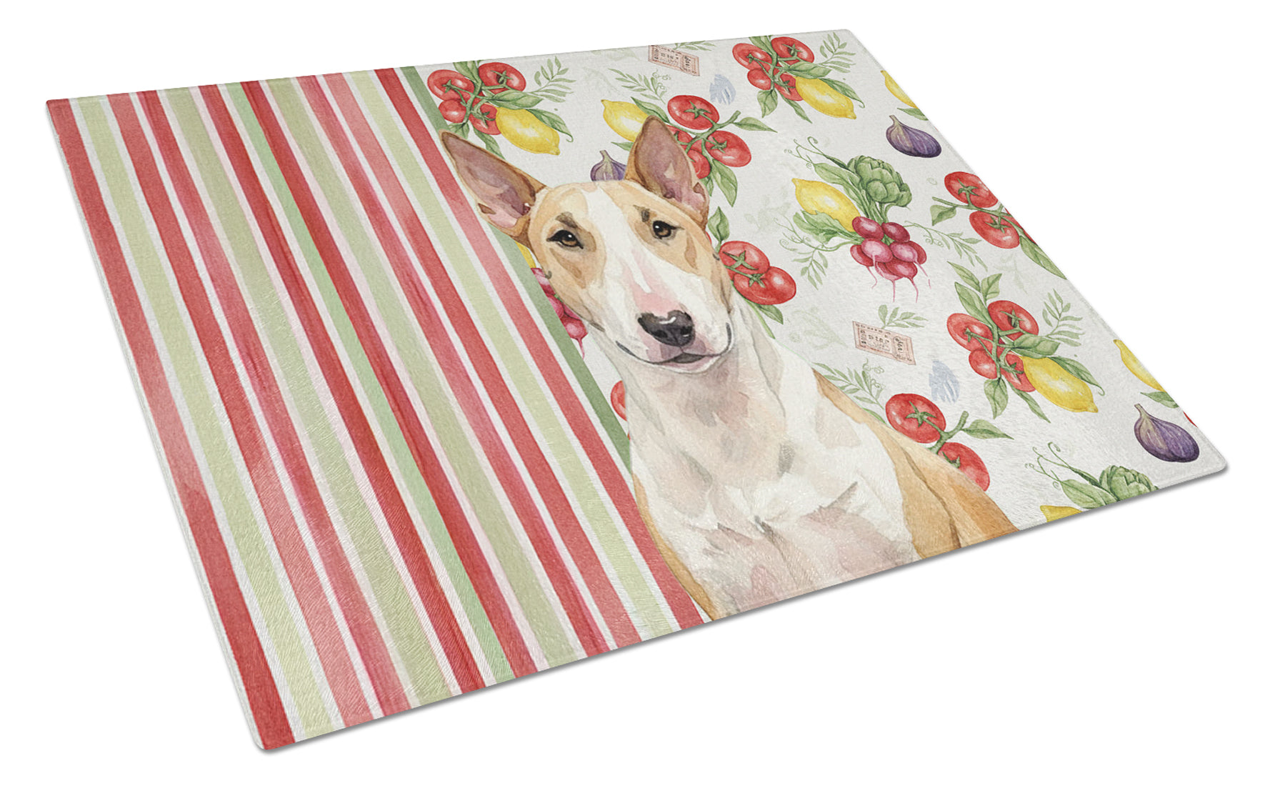 Fawn and White Bull Terrier Vegetables Cutting Board Tempered Glass Kitchen Cutting Surface, Heat Resistant Chopping, Non-Slip Feet, Food Prep & Serving