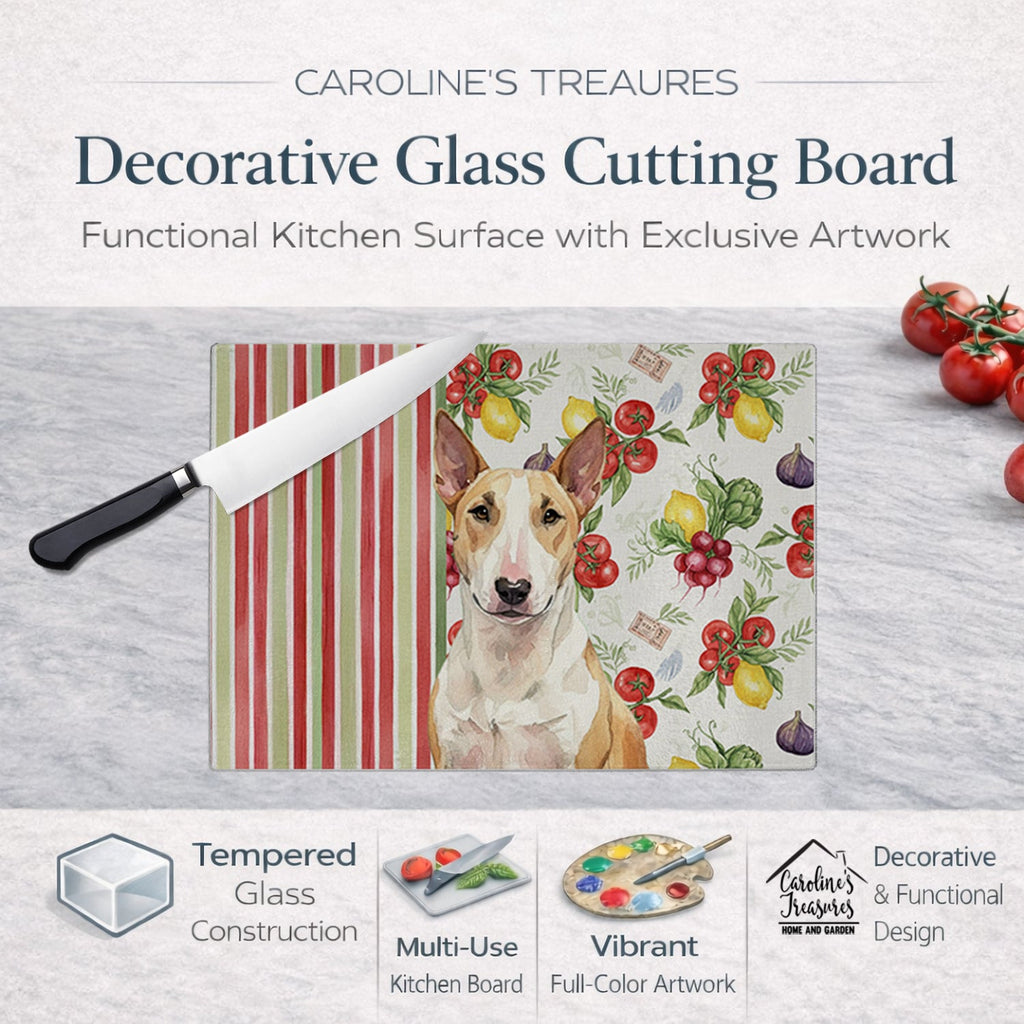 Fawn and White Bull Terrier Vegetables Cutting Board Tempered Glass Kitchen Cutting Surface, Heat Resistant Chopping, Non-Slip Feet, Food Prep & Serving